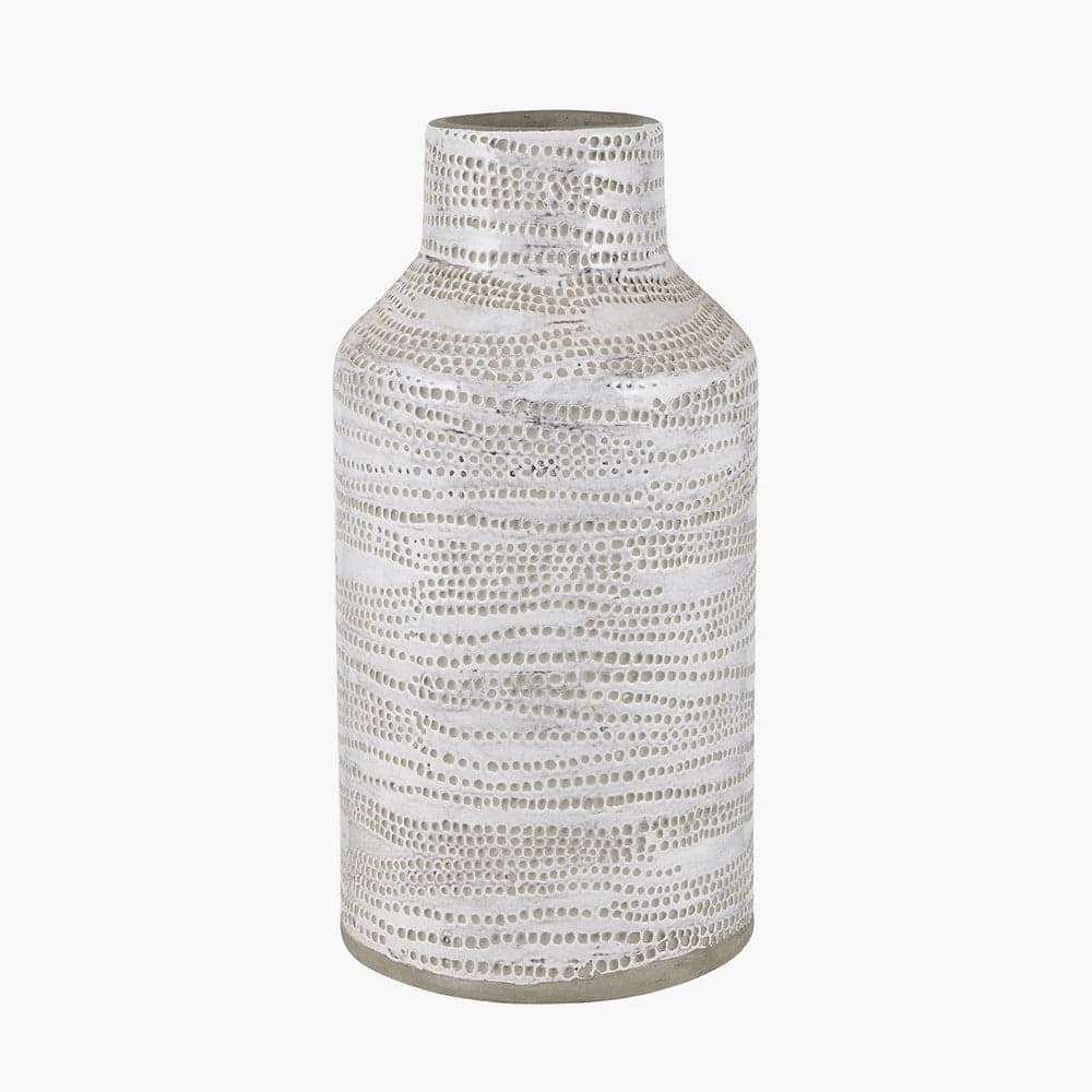 Matt White & Grey Stoneware Cylinder Vase – Decorative Dotted Textured Design 30x15cm
